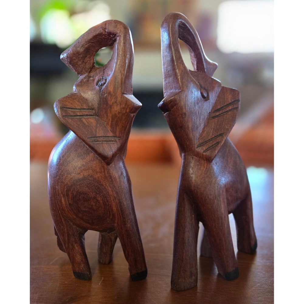 Vintage Hand Carved Wooden Elephant Pair Mid Century Modern Good Luck Figurines